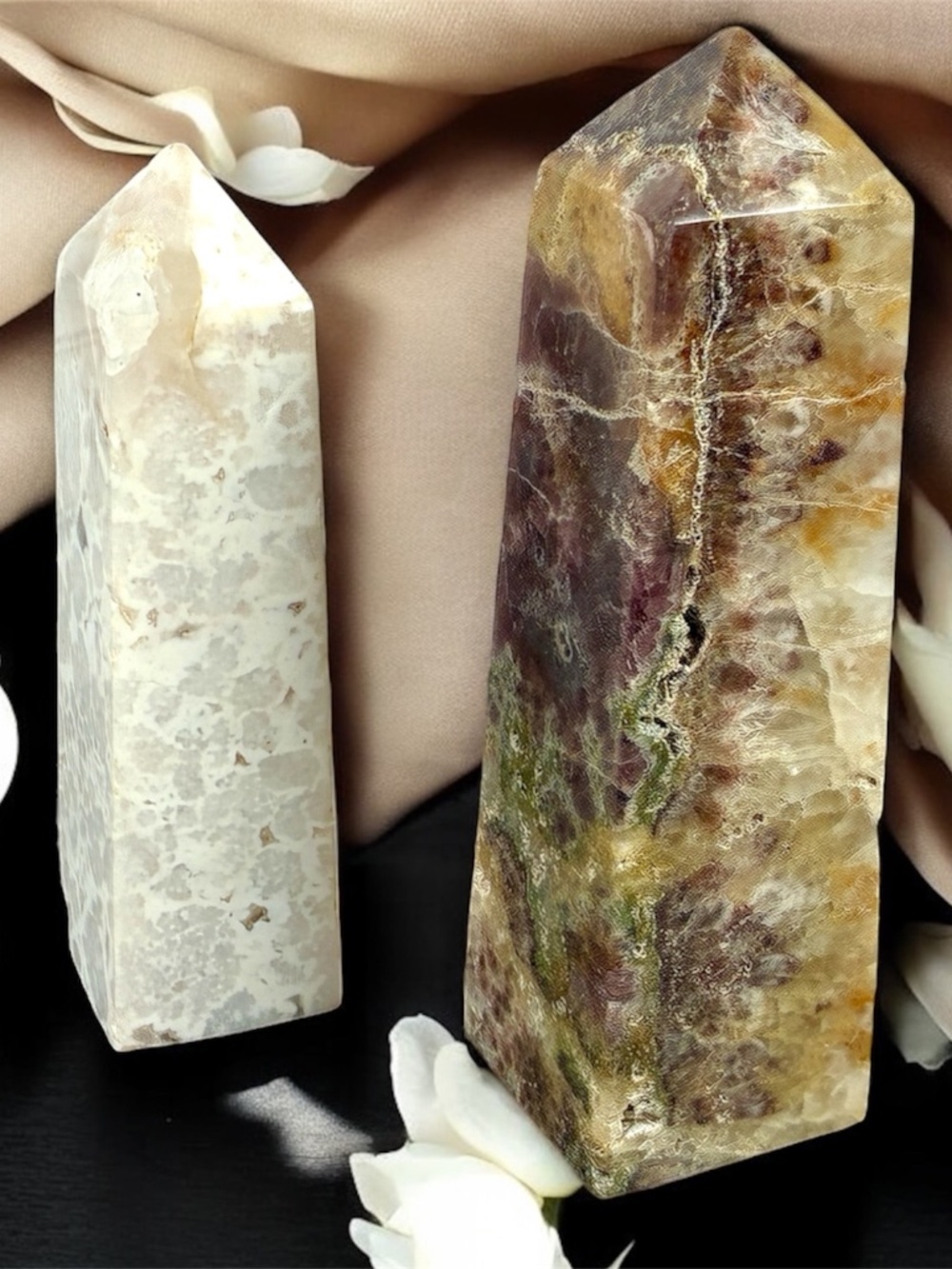 Dream Veil Duo • Amethyst & White Plume Agate Crystal Towers • Collector Stateme